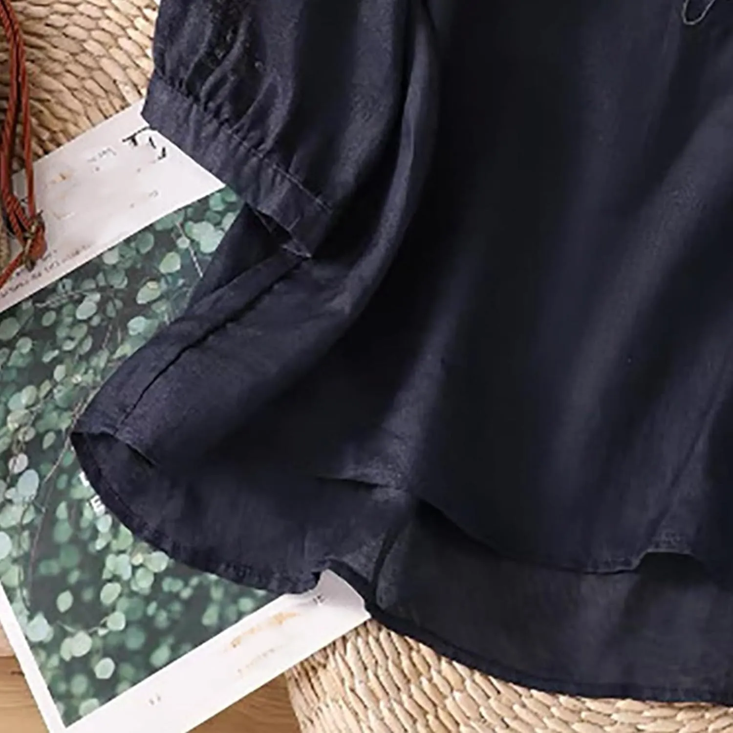 Floral Embroidered Tops Women Cotton Linen Shirts Boho Ethnic Style Flowy Blouse 3/4 Sleeve V Neck Button Tunic Shirt
