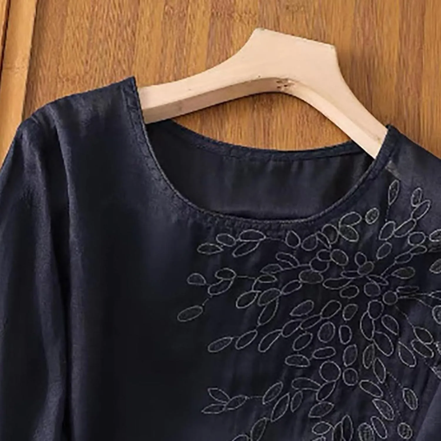 Floral Embroidered Tops Women Cotton Linen Shirts Boho Ethnic Style Flowy Blouse 3/4 Sleeve V Neck Button Tunic Shirt