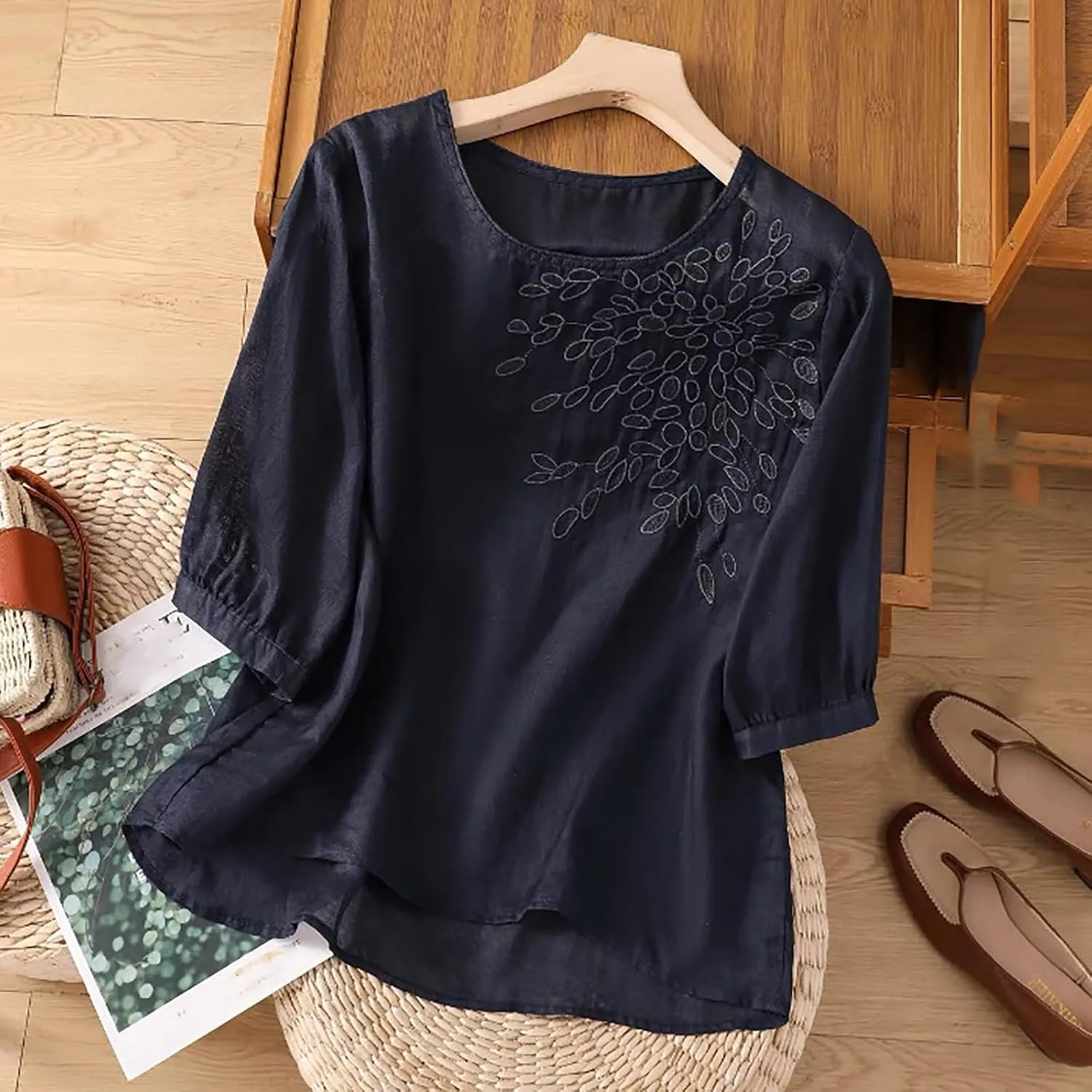 Floral Embroidered Tops Women Cotton Linen Shirts Boho Ethnic Style Flowy Blouse 3/4 Sleeve V Neck Button Tunic Shirt