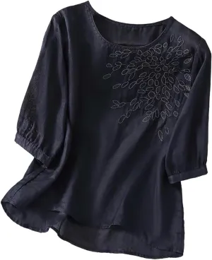Floral Embroidered Tops Women Cotton Linen Shirts Boho Ethnic Style Flowy Blouse 3/4 Sleeve V Neck Button Tunic Shirt