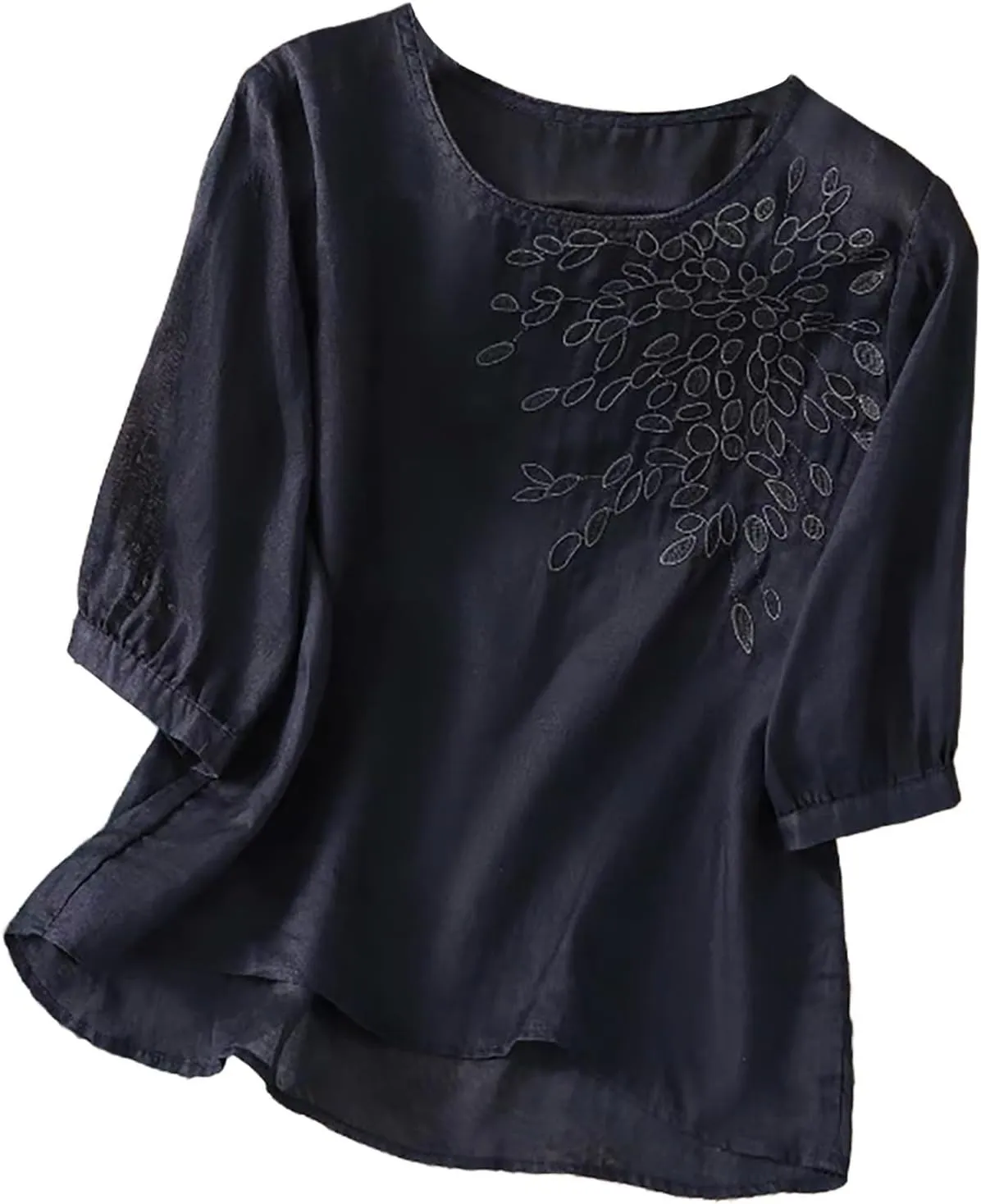 Floral Embroidered Tops Women Cotton Linen Shirts Boho Ethnic Style Flowy Blouse 3/4 Sleeve V Neck Button Tunic Shirt