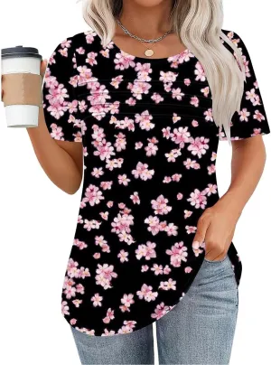 Floral Tops for Women Short Sleeve Crew Neck Casual Tops Trendy Boho Blouses Tshirt Loose Fit Tunic Hawaiian Shirts
