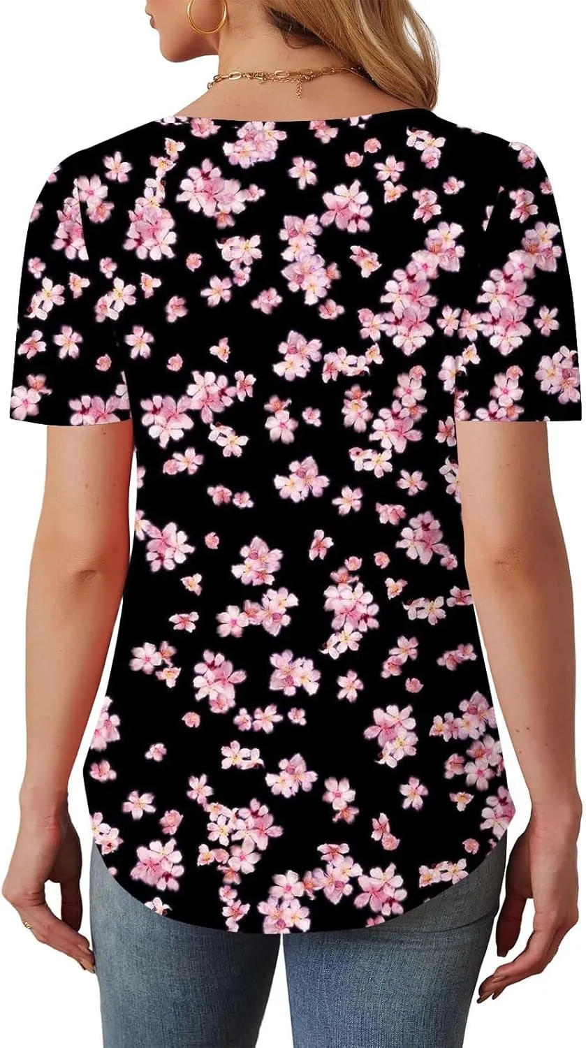 Floral Tops for Women Short Sleeve Crew Neck Casual Tops Trendy Boho Blouses Tshirt Loose Fit Tunic Hawaiian Shirts