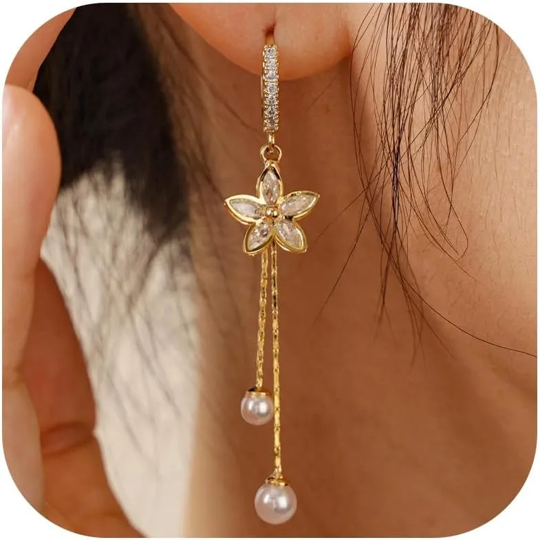 Flower Wedding Earrings for Brides Pearl Drop Earrings for Women Long Threader Chain Pearl Dangle Earring Elegant Floral Bridal Jewelry Gift for Wedding Dress