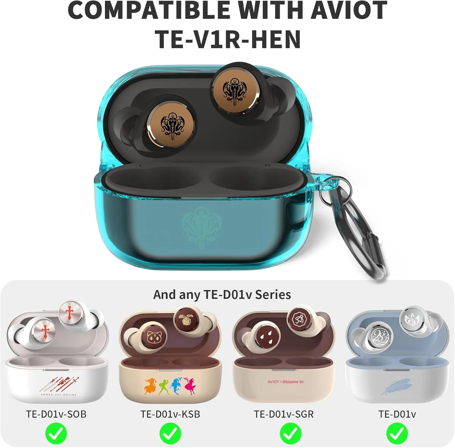 for Aviot TE-V1R-HEN Hololive Case Cover, Clear Soft TPU Protective Case Cover, Compatible with AVIOT TE-V1R-Hen Hololive Charging Case with Carabiner (Clear Blue)