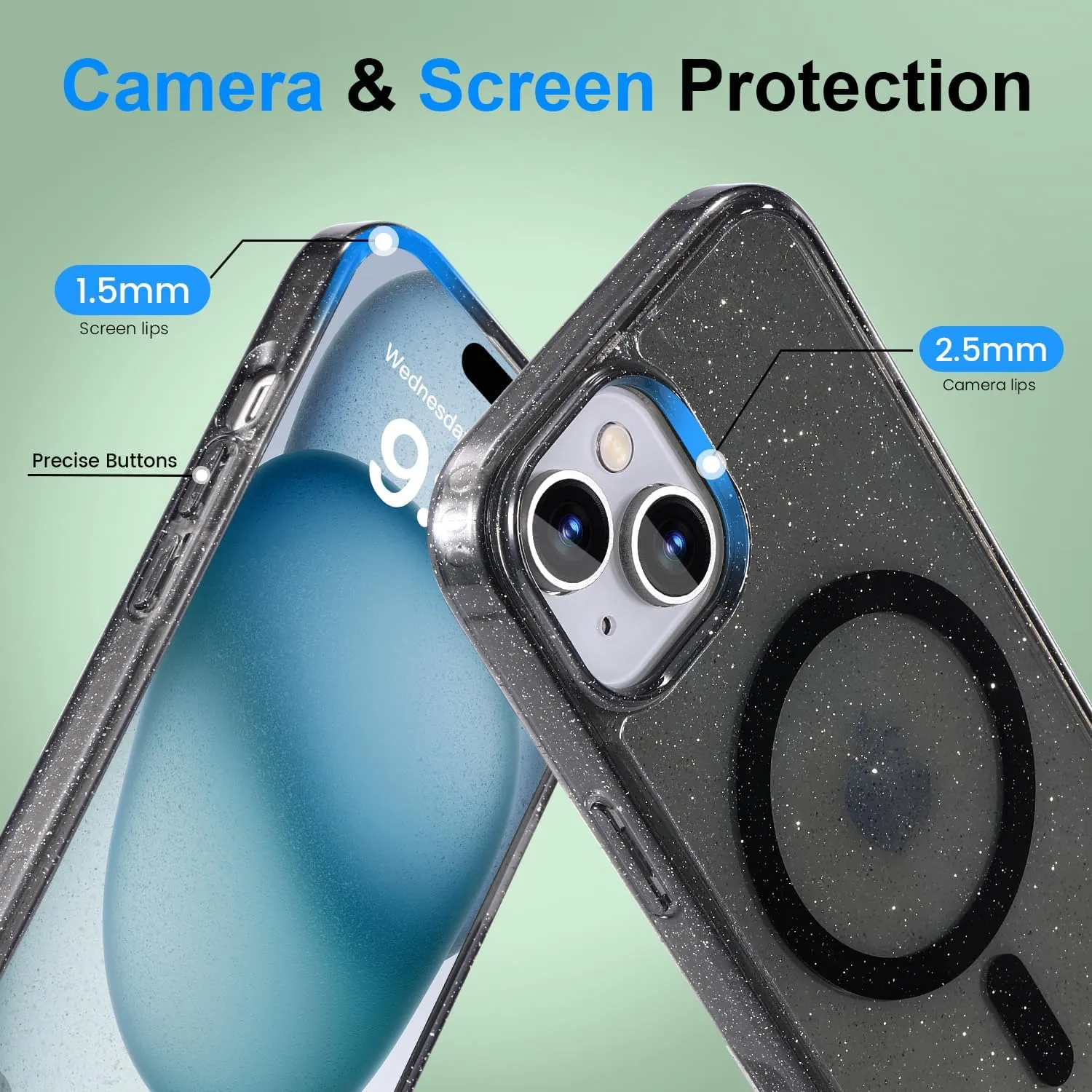 for iPhone 15 Glitter case Fits MagSafe Anti-Stain Non-Yellowing Shockproof Impact Case Fits iPhone 15 Phone Cases 6.1", Glitter Black