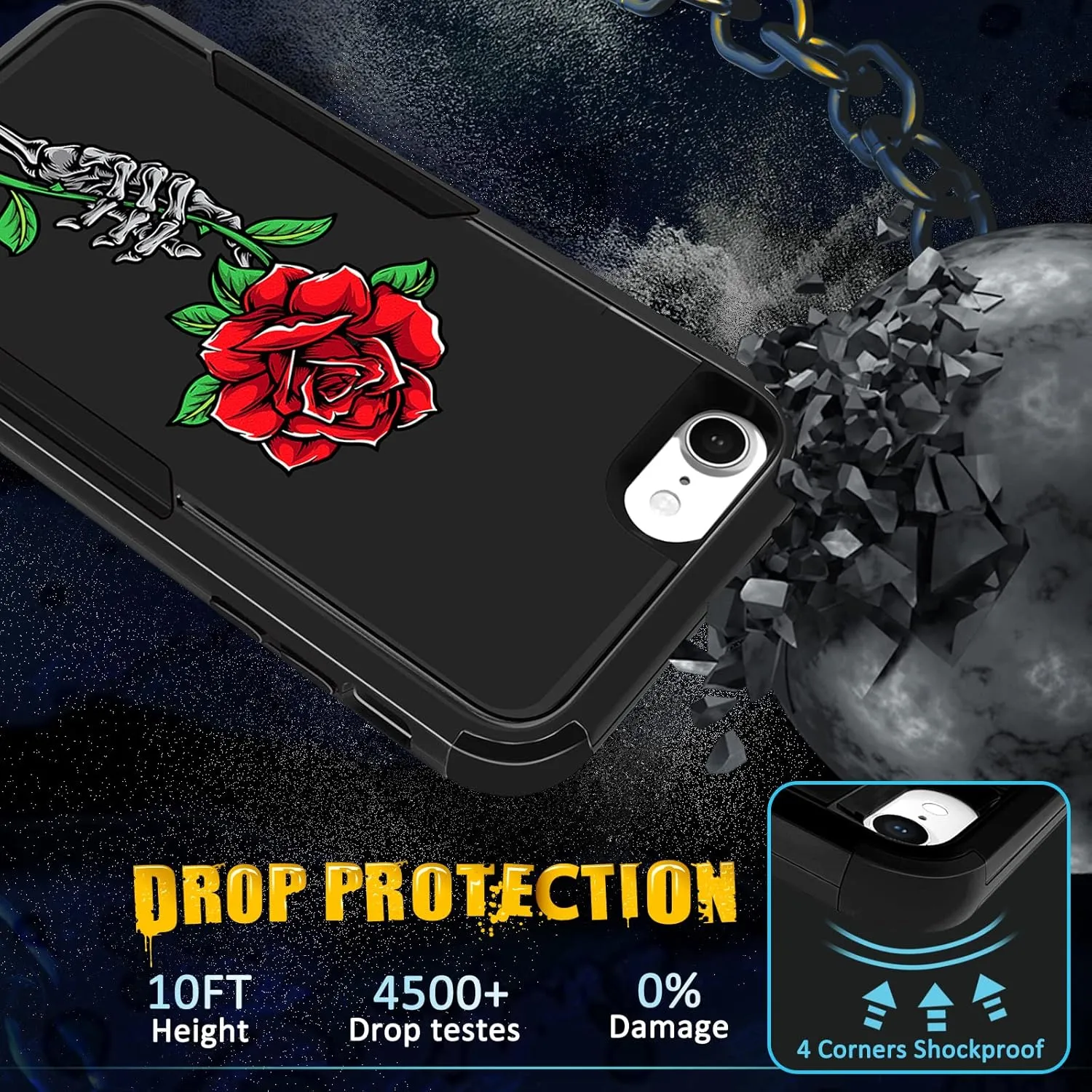 for iPhone SE Case 2020/2022/3rd Generation, for iPhone 8/7 Case, Heavy Duty Protective Rose Skeleton Cute Phone Cover for Women Men Girls Boys Hard Cases for iPhone 7/8/SE