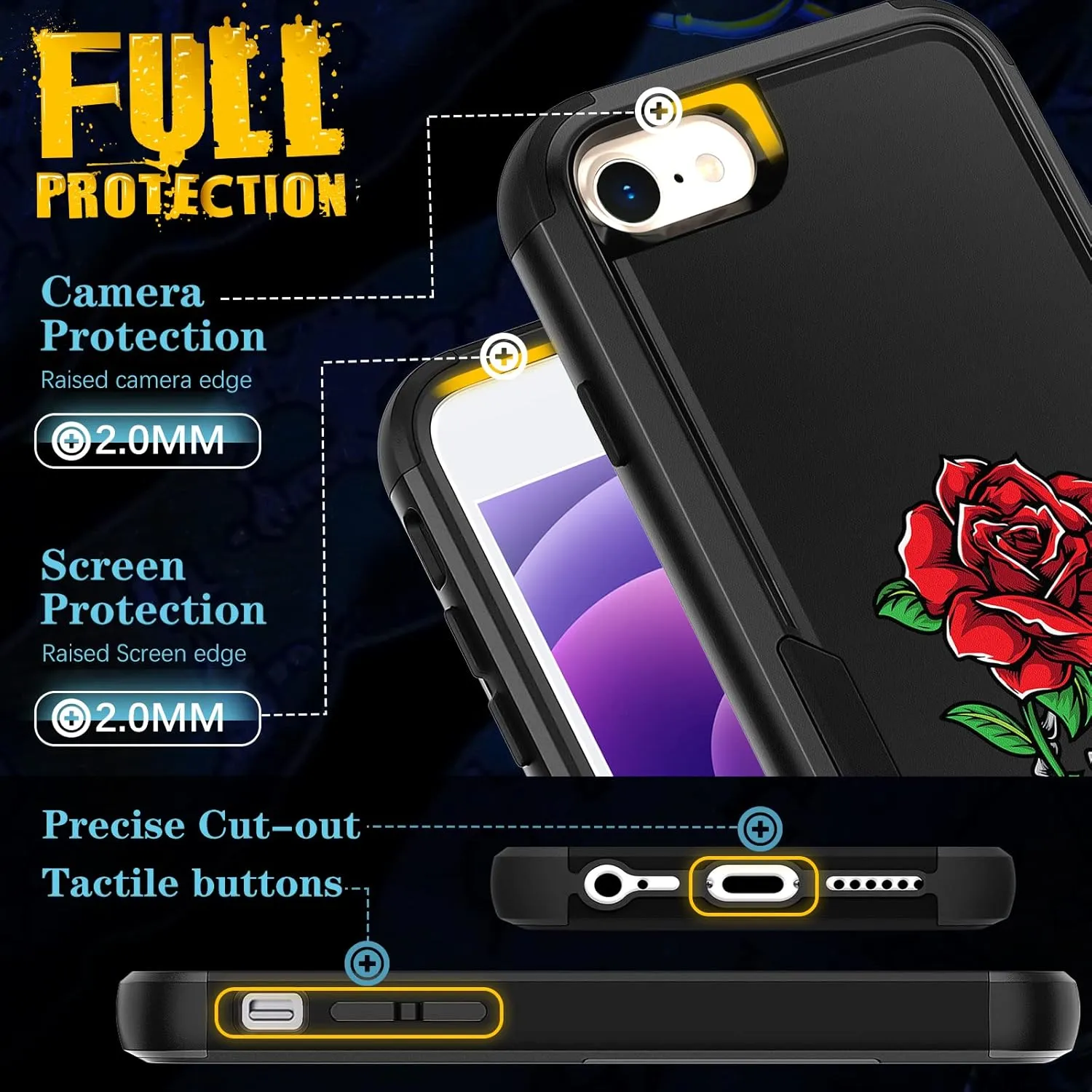 for iPhone SE Case 2020/2022/3rd Generation, for iPhone 8/7 Case, Heavy Duty Protective Rose Skeleton Cute Phone Cover for Women Men Girls Boys Hard Cases for iPhone 7/8/SE