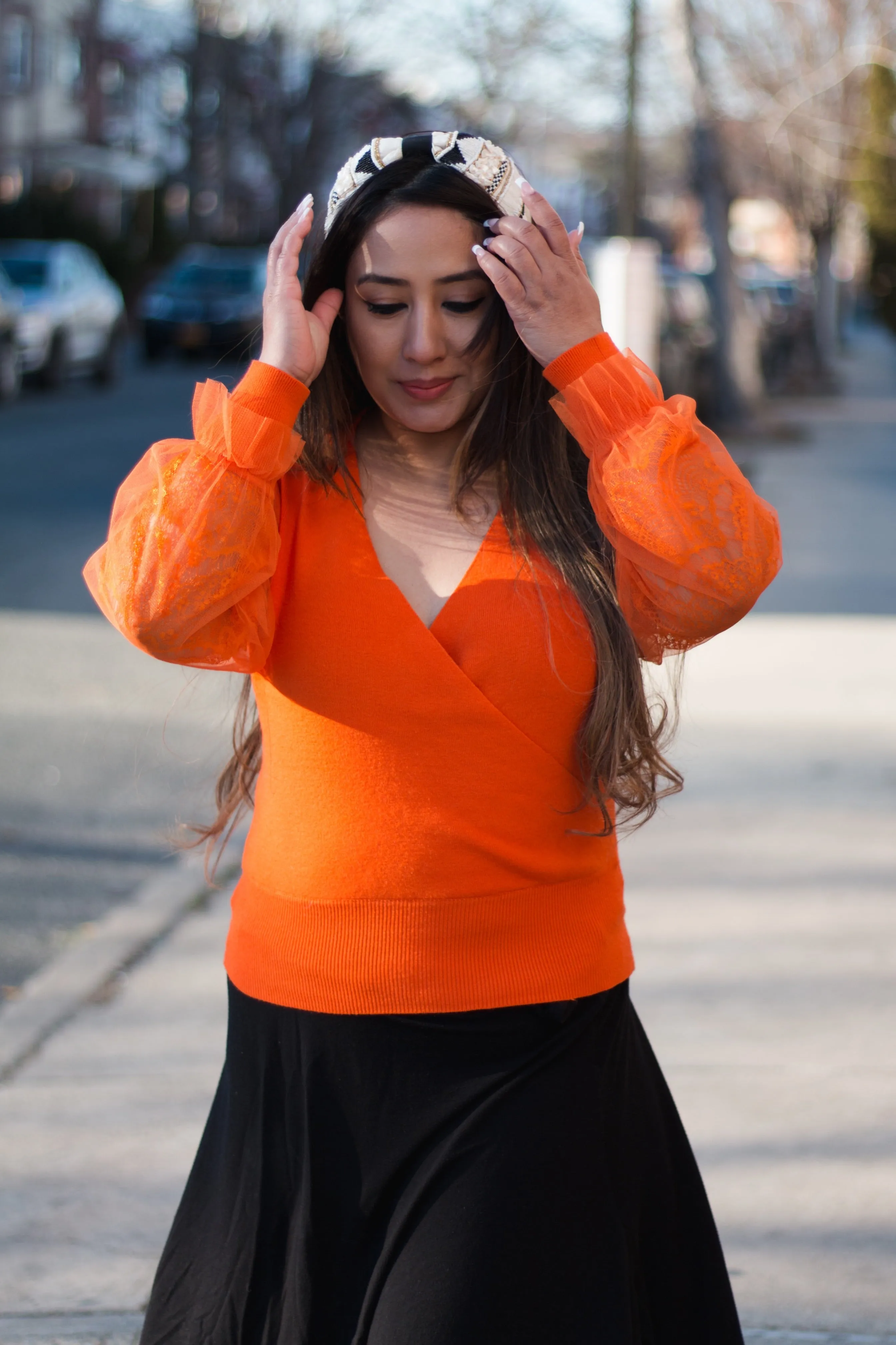 Front Layered Lace Sleeve Sweater Top
