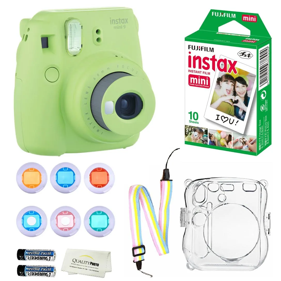 Fujifilm Instax Mini 9 Instant Camera   10 Fuji Instant Film Sheets   Convenient Instax Clear Case W/Rainbow Strap   6-Color Lenses & More
