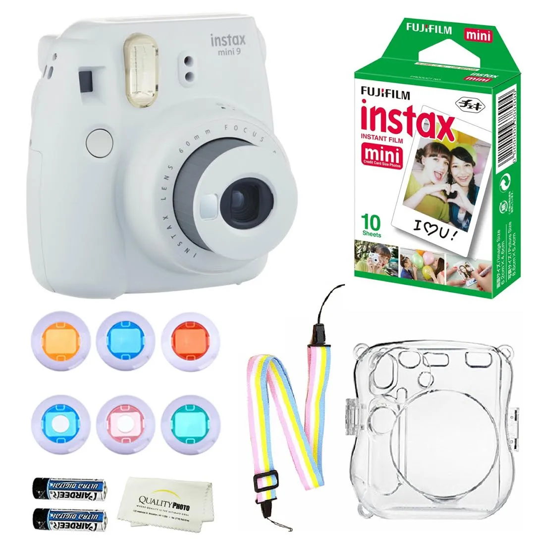 Fujifilm Instax Mini 9 Instant Camera   10 Fuji Instant Film Sheets   Convenient Instax Clear Case W/Rainbow Strap   6-Color Lenses & More