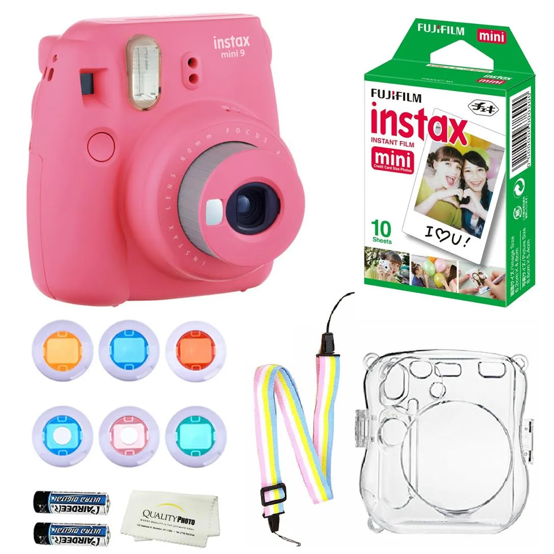 Fujifilm Instax Mini 9 Instant Camera   10 Fuji Instant Film Sheets   Convenient Instax Clear Case W/Rainbow Strap   6-Color Lenses & More