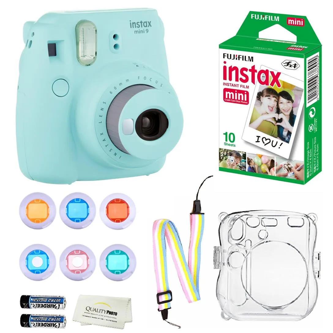 Fujifilm Instax Mini 9 Instant Camera   10 Fuji Instant Film Sheets   Convenient Instax Clear Case W/Rainbow Strap   6-Color Lenses & More