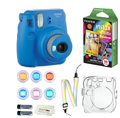 Fujifilm Instax Mini 9 Instant Camera   10 Fuji Instant Rainbow Film Sheets   Convenient Instax Clear Case W/ Rainbow Strap   6-Color Lenses & More
