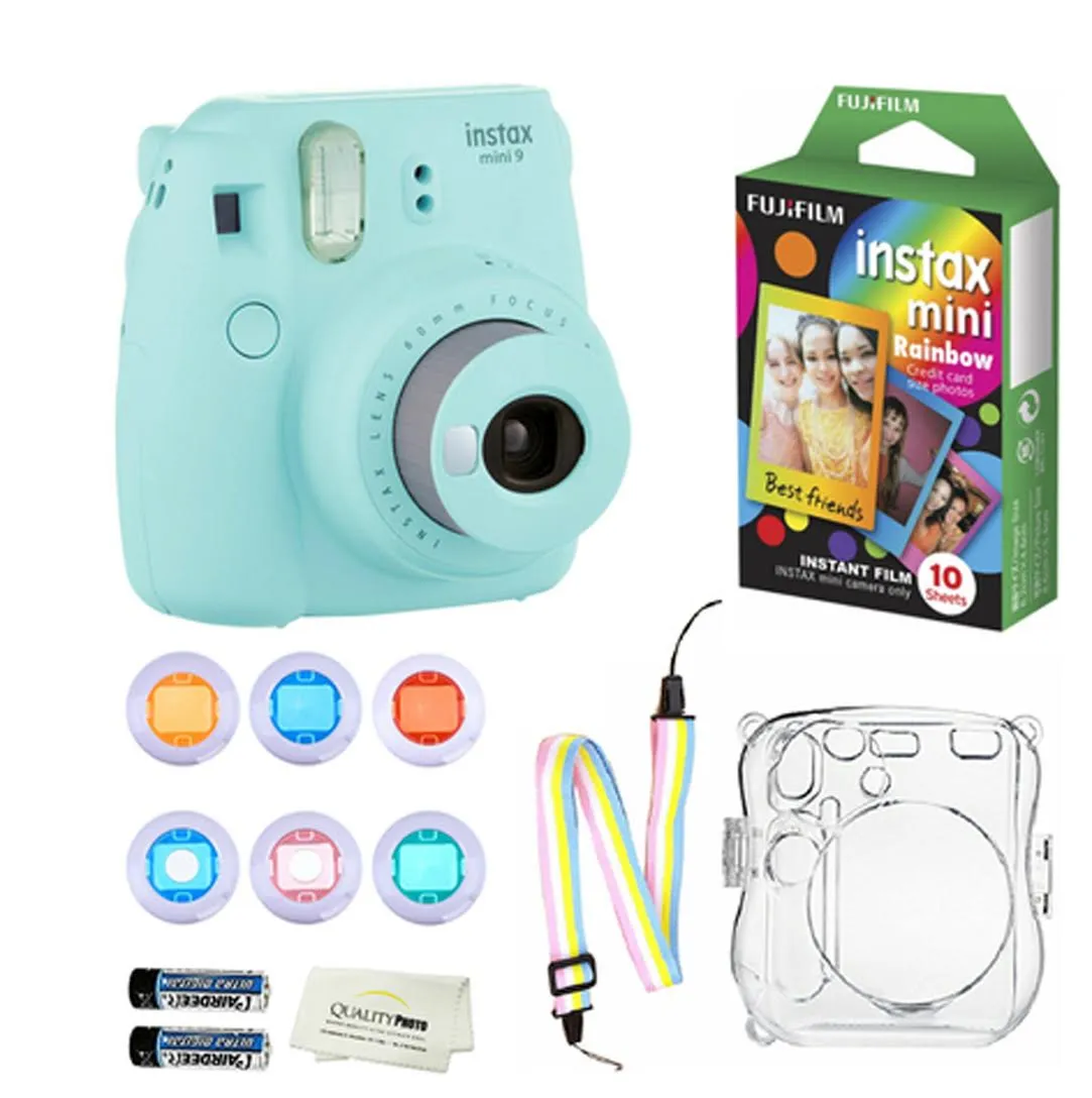 Fujifilm Instax Mini 9 Instant Camera   10 Fuji Instant Rainbow Film Sheets   Convenient Instax Clear Case W/ Rainbow Strap   6-Color Lenses & More