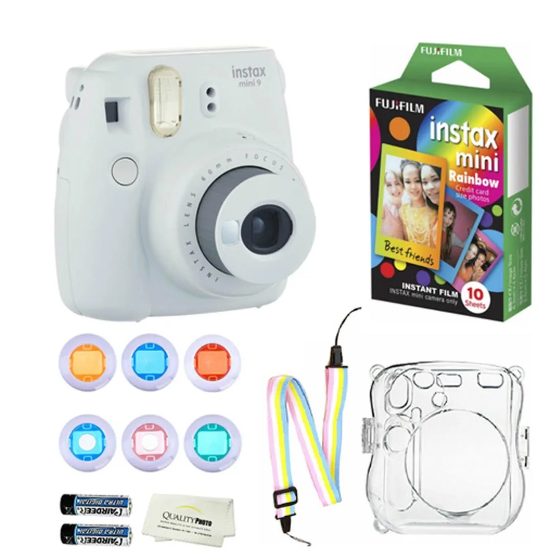 Fujifilm Instax Mini 9 Instant Camera   10 Fuji Instant Rainbow Film Sheets   Convenient Instax Clear Case W/ Rainbow Strap   6-Color Lenses & More