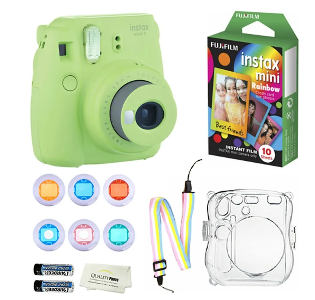 Fujifilm Instax Mini 9 Instant Camera   10 Fuji Instant Rainbow Film Sheets   Convenient Instax Clear Case W/ Rainbow Strap   6-Color Lenses & More