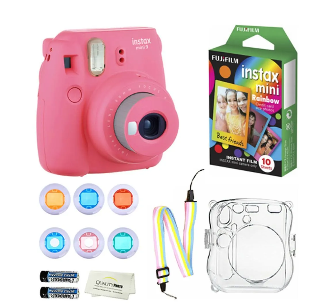 Fujifilm Instax Mini 9 Instant Camera   10 Fuji Instant Rainbow Film Sheets   Convenient Instax Clear Case W/ Rainbow Strap   6-Color Lenses & More