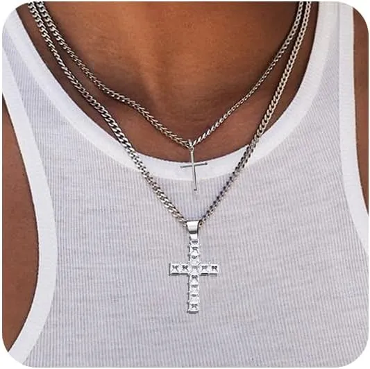 FUNEIA Silver Layered Stainless Steel Cross Necklace for Men Cuban Link Chain Box Chain Rope Chain Choker Necklace Bling CZ Cubic Zirconia Diamond Cross Black Cross Nail Cross Pendant Necklace Jewelry