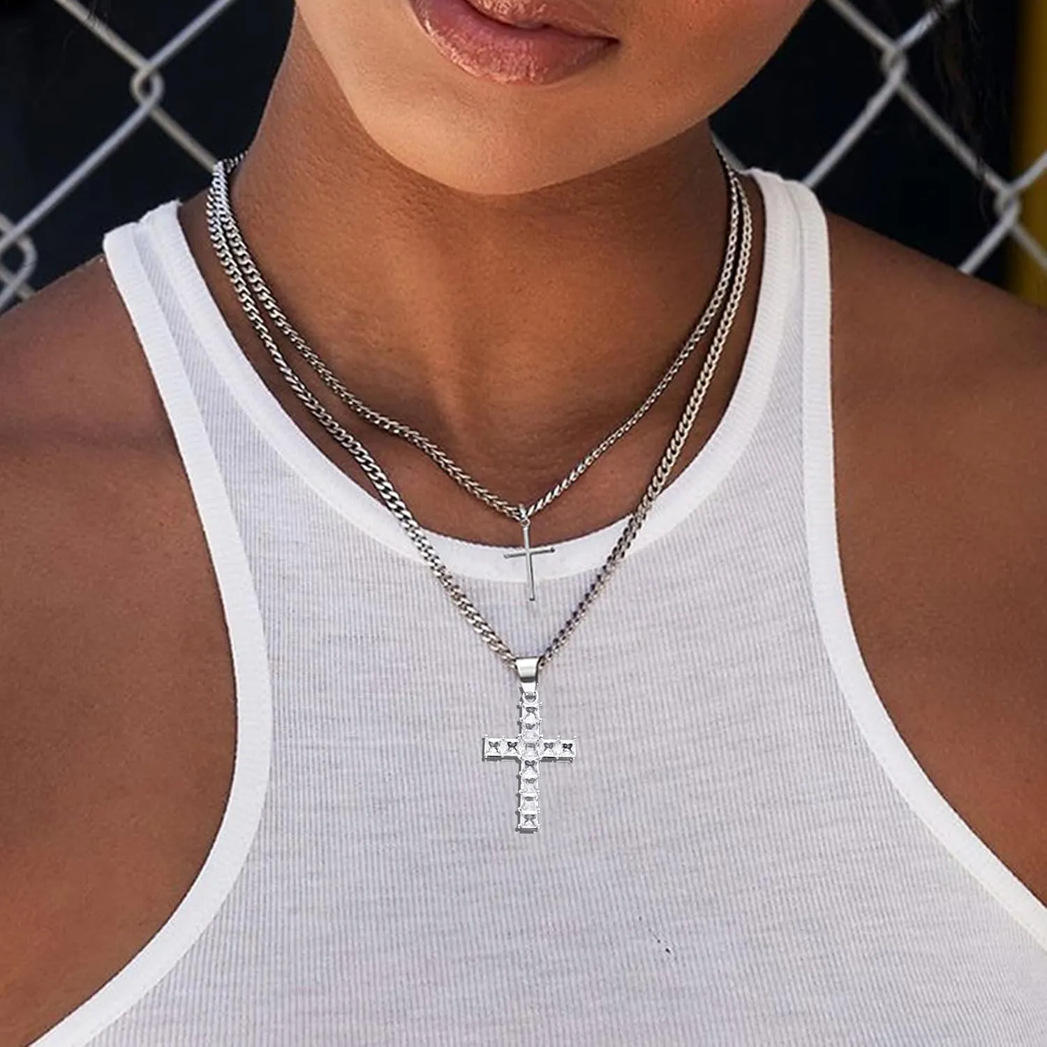 FUNEIA Silver Layered Stainless Steel Cross Necklace for Men Cuban Link Chain Box Chain Rope Chain Choker Necklace Bling CZ Cubic Zirconia Diamond Cross Black Cross Nail Cross Pendant Necklace Jewelry