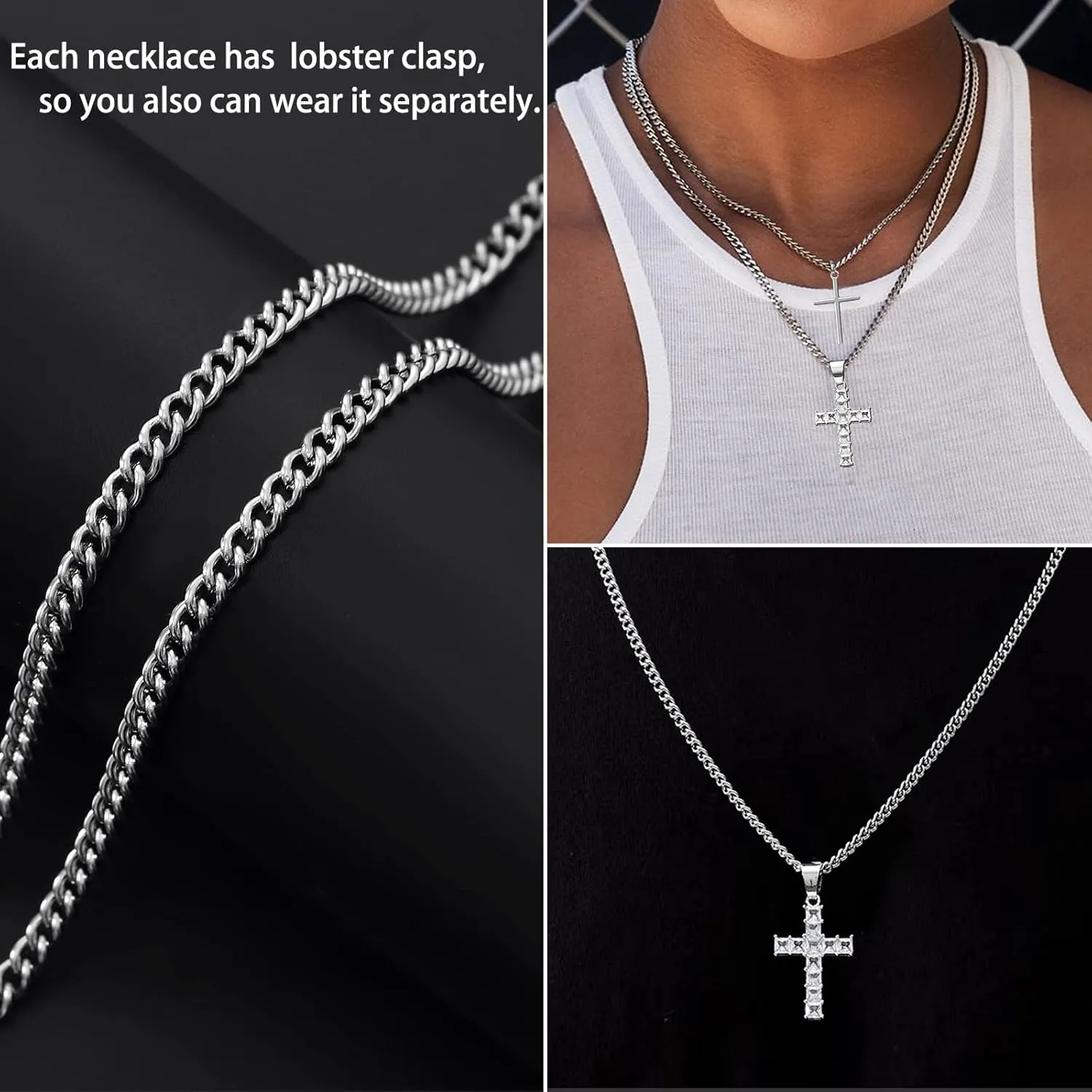 FUNEIA Silver Layered Stainless Steel Cross Necklace for Men Cuban Link Chain Box Chain Rope Chain Choker Necklace Bling CZ Cubic Zirconia Diamond Cross Black Cross Nail Cross Pendant Necklace Jewelry
