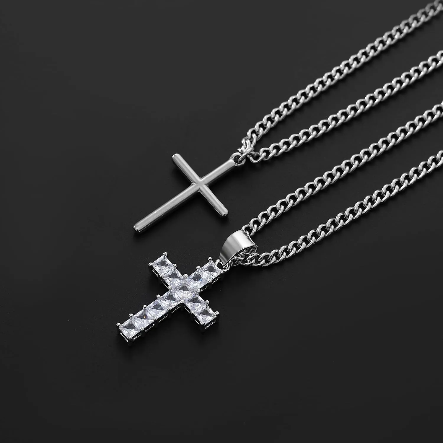 FUNEIA Silver Layered Stainless Steel Cross Necklace for Men Cuban Link Chain Box Chain Rope Chain Choker Necklace Bling CZ Cubic Zirconia Diamond Cross Black Cross Nail Cross Pendant Necklace Jewelry