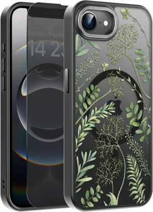 FUNMIKO for iPhone 16e Case with Privacy Screen Protector, Wireless Charging Compatible,Shockproof Translucent Matte Cover - Cute Floral Design Phone Case for Women Girls - Green Leaves