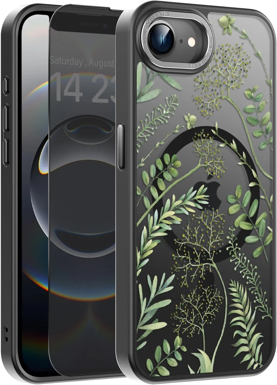 FUNMIKO for iPhone 16e Case with Privacy Screen Protector, Wireless Charging Compatible,Shockproof Translucent Matte Cover - Cute Floral Design Phone Case for Women Girls - Green Leaves
