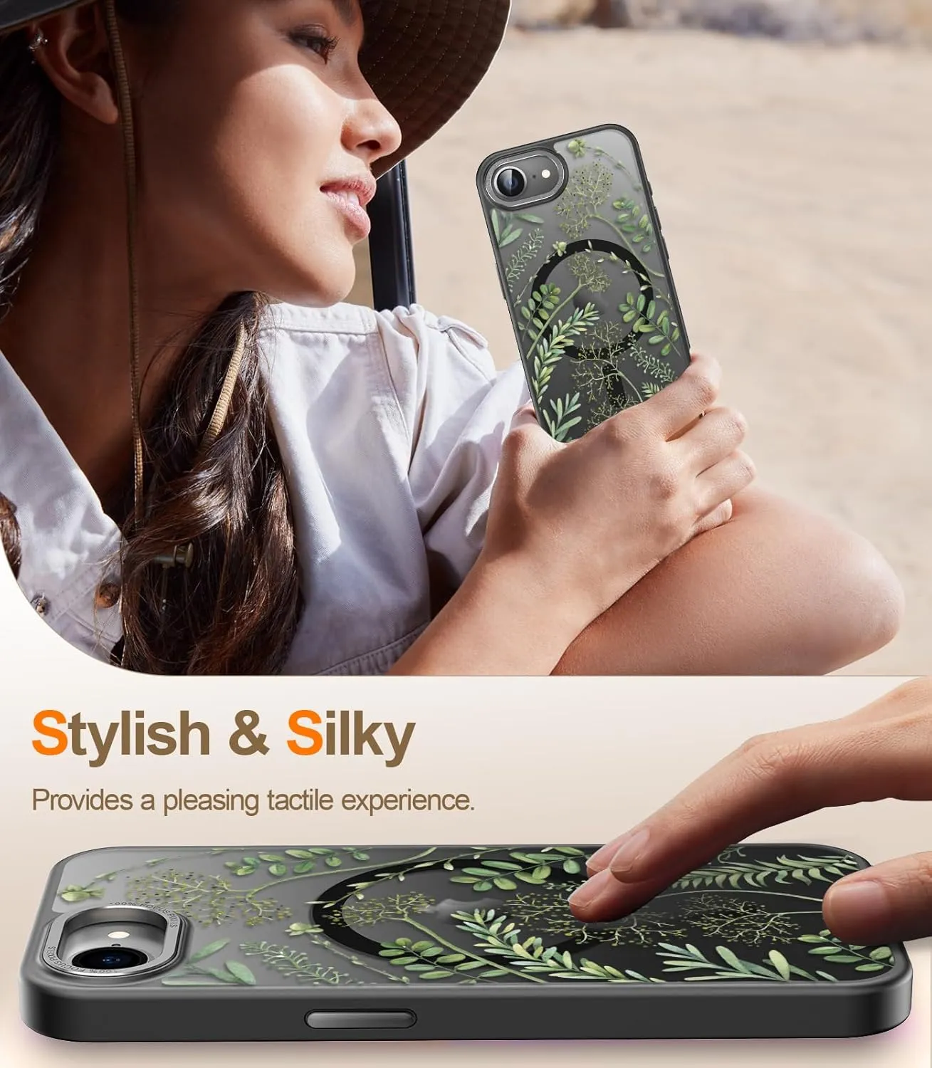 FUNMIKO for iPhone 16e Case with Privacy Screen Protector, Wireless Charging Compatible,Shockproof Translucent Matte Cover - Cute Floral Design Phone Case for Women Girls - Green Leaves