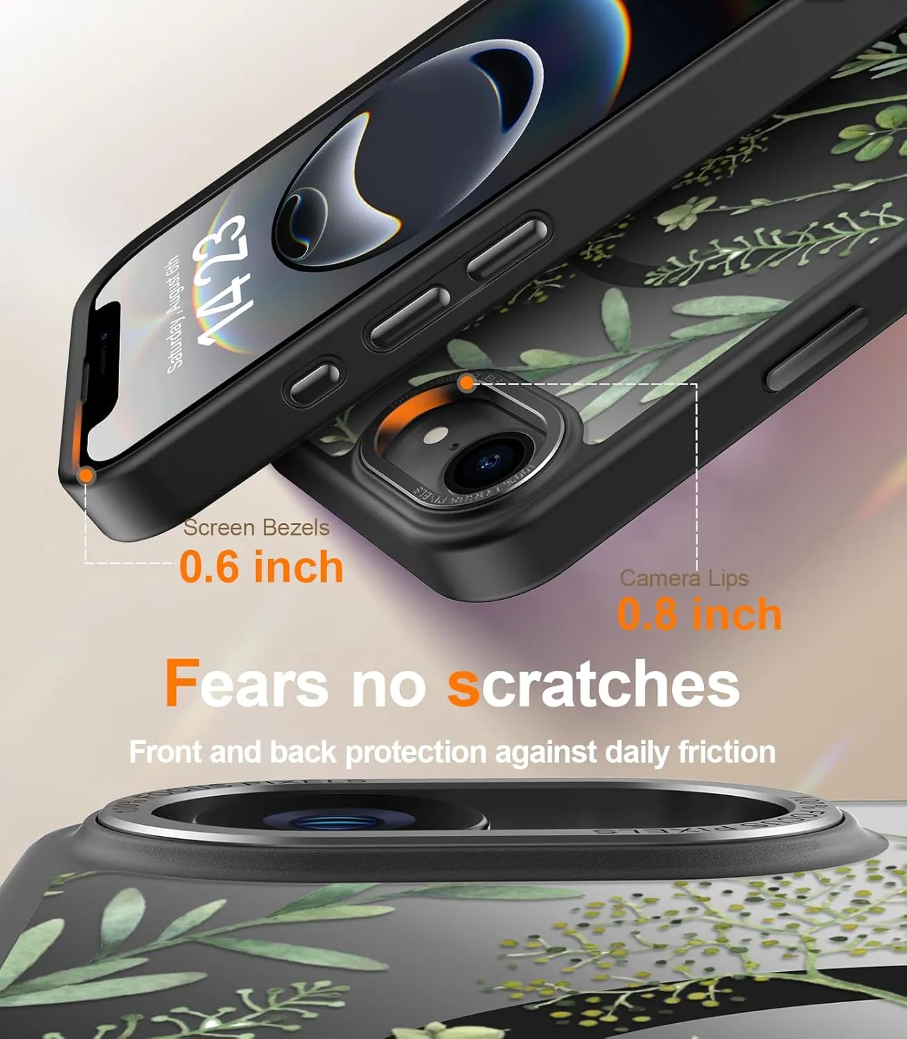 FUNMIKO for iPhone 16e Case with Privacy Screen Protector, Wireless Charging Compatible,Shockproof Translucent Matte Cover - Cute Floral Design Phone Case for Women Girls - Green Leaves