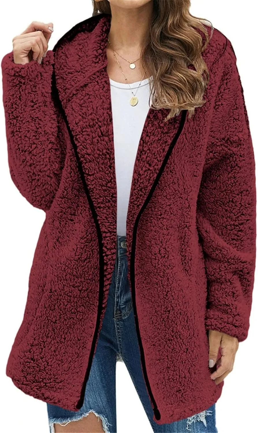 Fuzzy Fleece Jacket Women Full Zip Up Hooded Winter Coats Sherpa Lined Fluffy Hoodie Oversized Faux Fur Outerwear