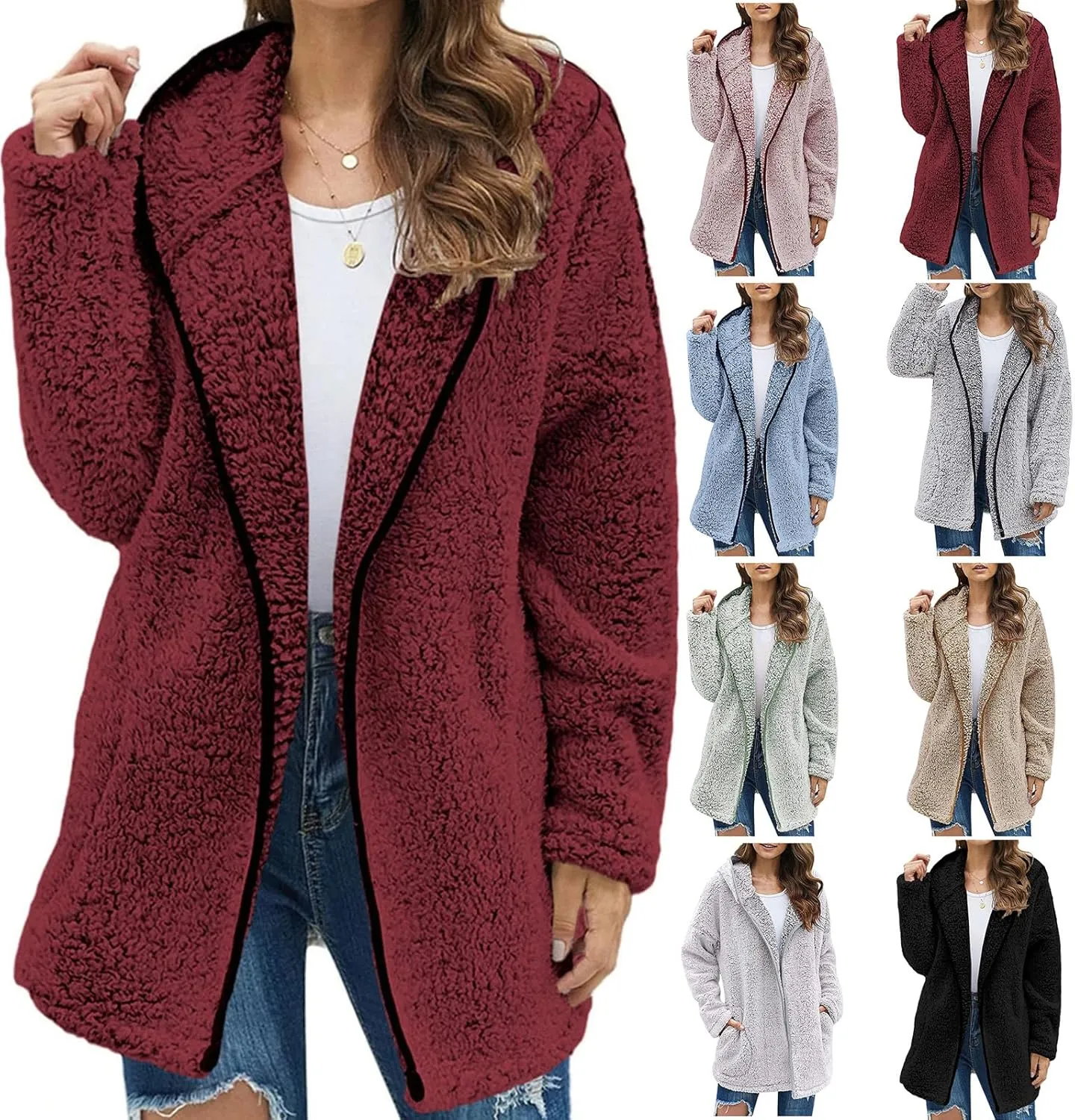 Fuzzy Fleece Jacket Women Full Zip Up Hooded Winter Coats Sherpa Lined Fluffy Hoodie Oversized Faux Fur Outerwear