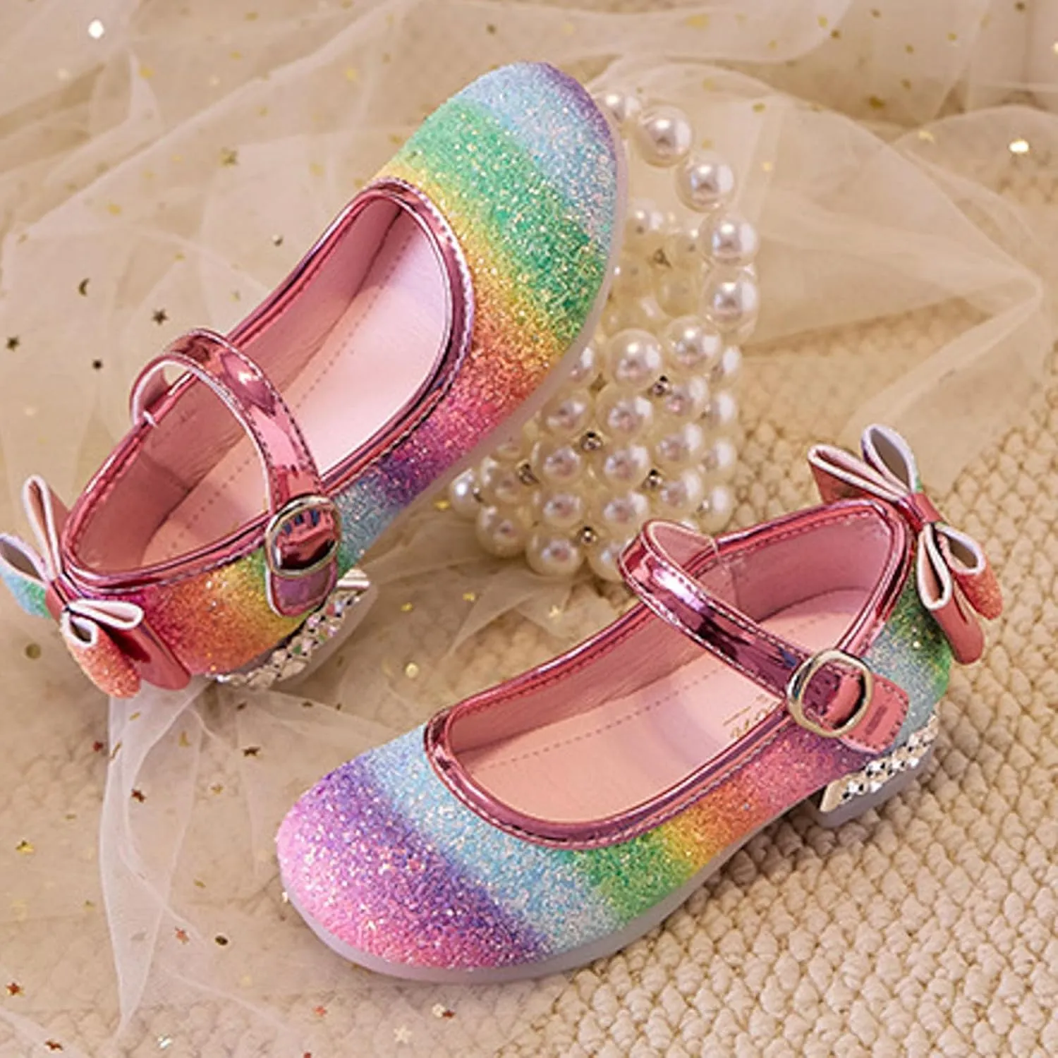 Girls Print Sandal Girls Rainbow Soft Sole Shoes Performance Party Shoes Crystal Thick Heel Casual Sandals