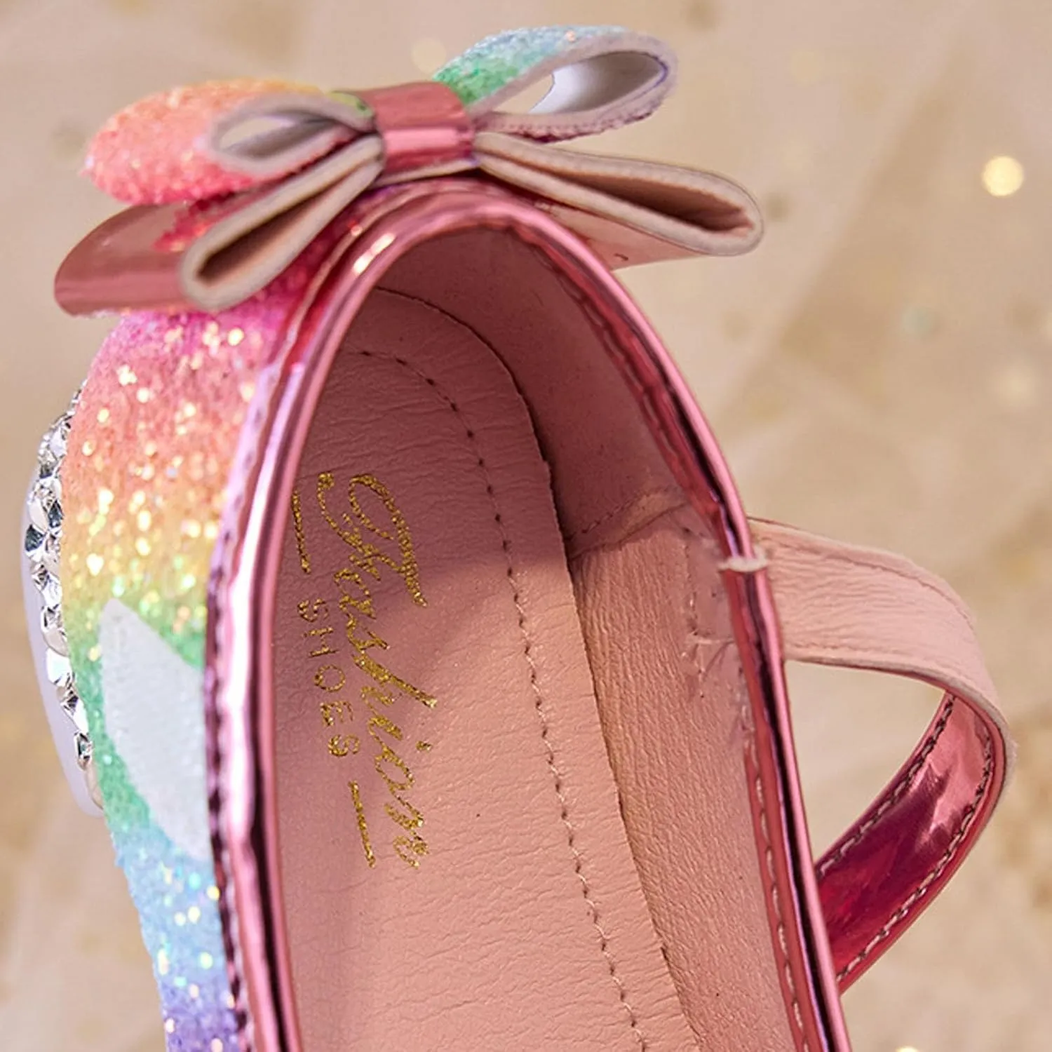 Girls Print Sandal Girls Rainbow Soft Sole Shoes Performance Party Shoes Crystal Thick Heel Casual Sandals