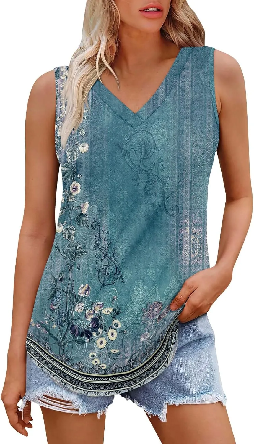 GOFULY Tank Top for Women Dressy V Neck Tops Loose Fit Sleeveless Floral Print Shirts Dressy Casual Summer 2025 Blouses