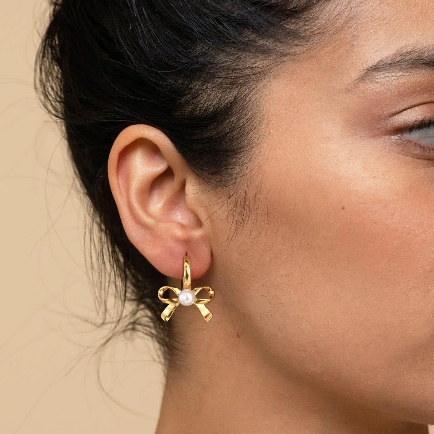 Gold Bow Earrings for Women, Dainty Rhinestone Stud, Cute Pearl Earring Jackets, Hypoallergenic Earrings for Sensitive Ears