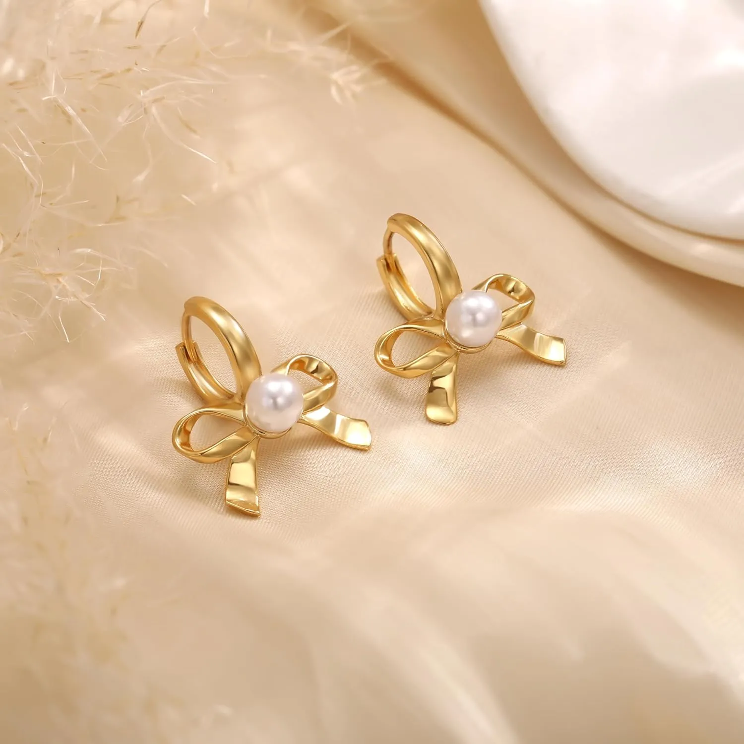 Gold Bow Earrings for Women, Dainty Rhinestone Stud, Cute Pearl Earring Jackets, Hypoallergenic Earrings for Sensitive Ears