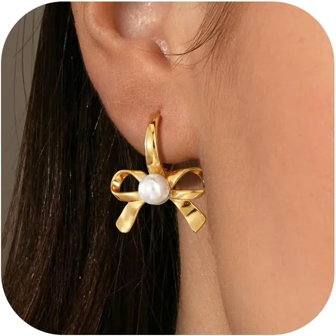 Gold Bow Earrings for Women, Dainty Rhinestone Stud, Cute Pearl Earring Jackets, Hypoallergenic Earrings for Sensitive Ears