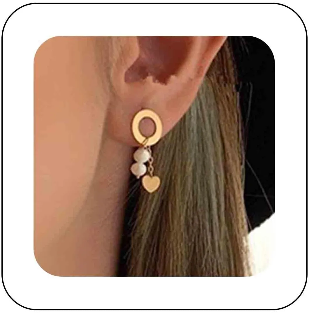 Gold Geometric Pearl Earrings Open Circle Stud Earrings Tiny Heart Triangle Dangle Earrings Pearl Bead Drop Earrings Minimalist Gold Triangle Earrings Jewelry for Women