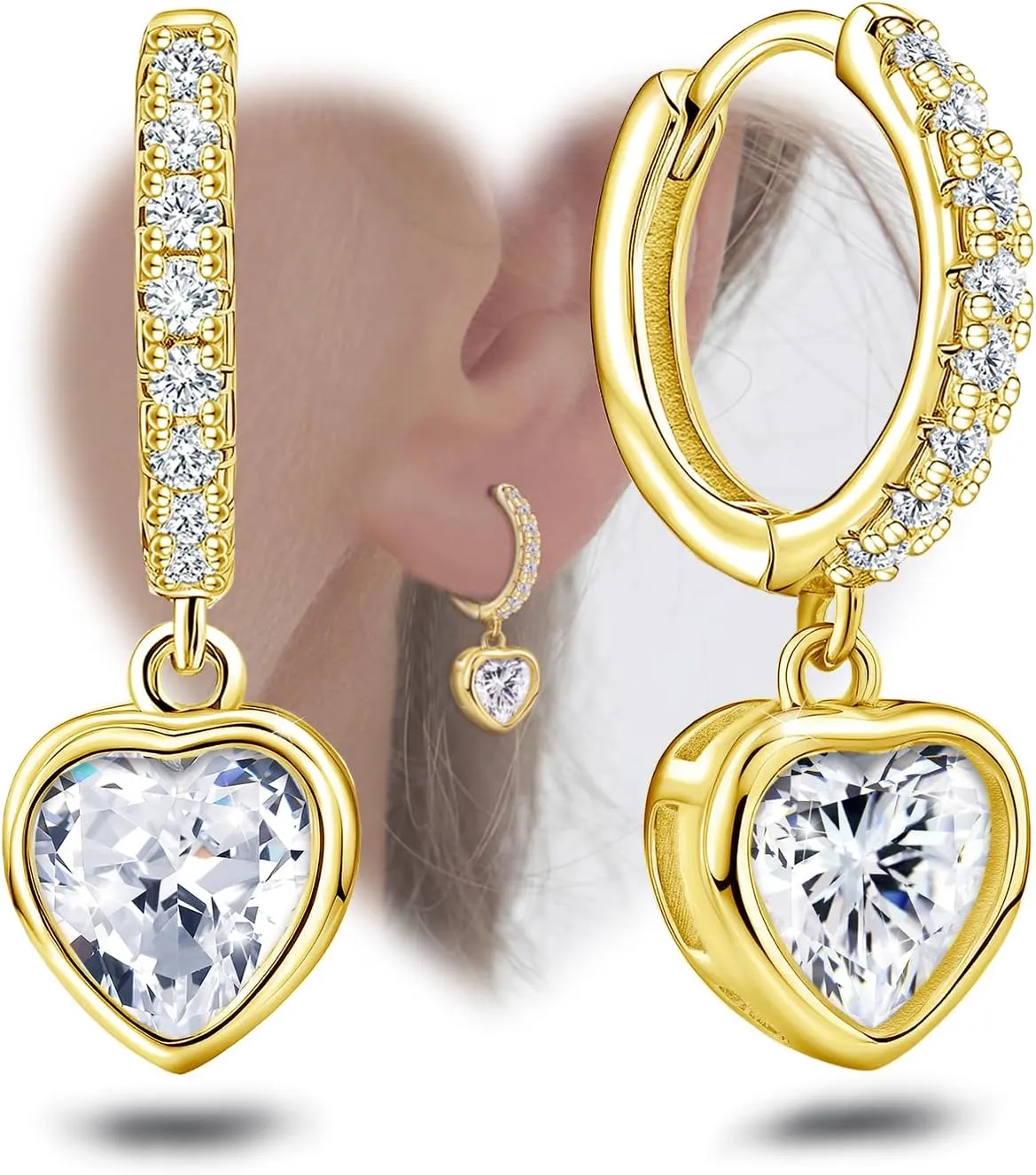 Gold Heart Hoop Earrings with Dangle Sterling Silver Love Heart-Shaped Earrings Trendy Hypoallergenic Cubic Zirconia Hoop Earrings with Dangling Charms Dainty Fashion Loop Earrings for Women Gifts