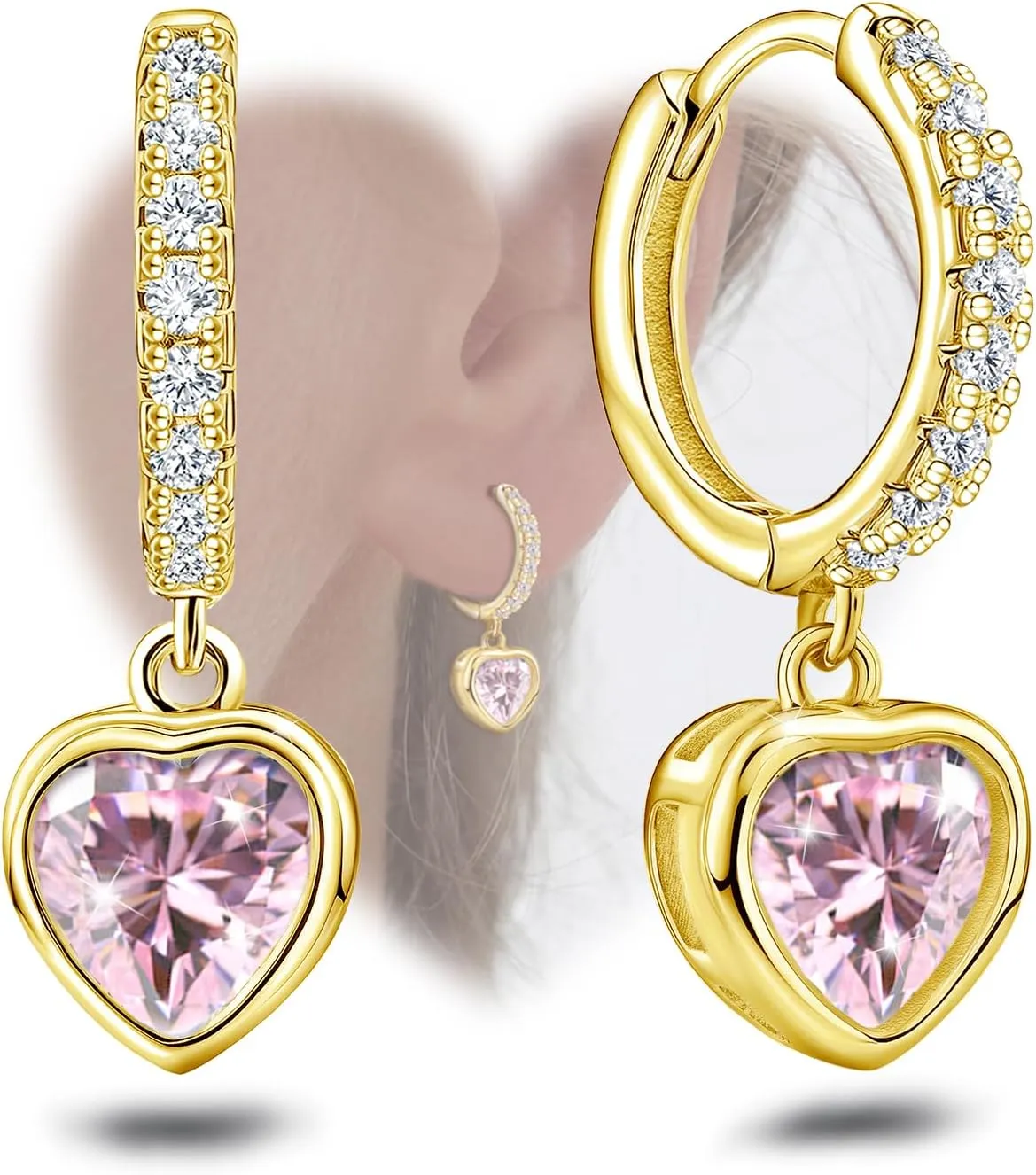 Gold Heart Hoop Earrings with Dangle Sterling Silver Love Heart-Shaped Earrings Trendy Hypoallergenic Pink Cubic Zirconia Hoop Earrings with Dangling Charms Dainty Fashion Loop Earrings for Women Gift