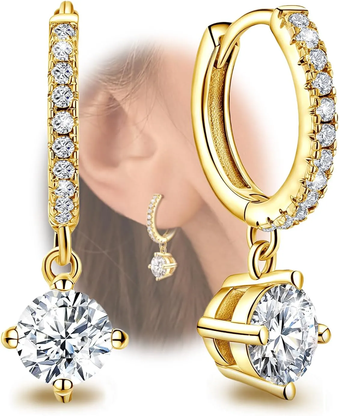 Gold Hoop Earring with Dangle Round - Sterling Silver Hoop Earrings for Women Trendy Hypoallergenic Small Loop Earrings with Dangling Charm for Sensitive Ears Cubic Zirconia Fashion Huggie Earrings