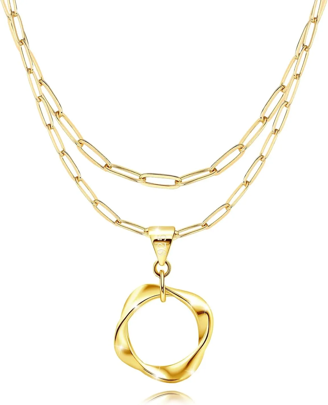 Gold Layered Necklaces for Women - Sterling Silver Twisted Necklace Fashion Stackable Pendant Necklace Set Double Paperclip Chain Adjustable Twist Circle Charm Necklace Gifts for Christmas Birthday