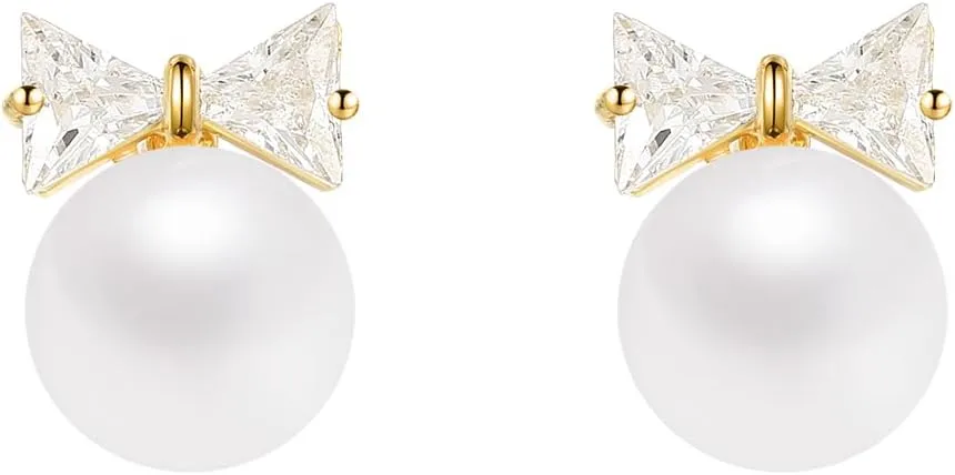 Gold Pearl Bow Earrings Simple Pearl Stud Earring for Women 14K Gold Plated Cubic Zirconia Bow Earrings for Christmas Party Holiday Jewelry Gifts for Women Girls