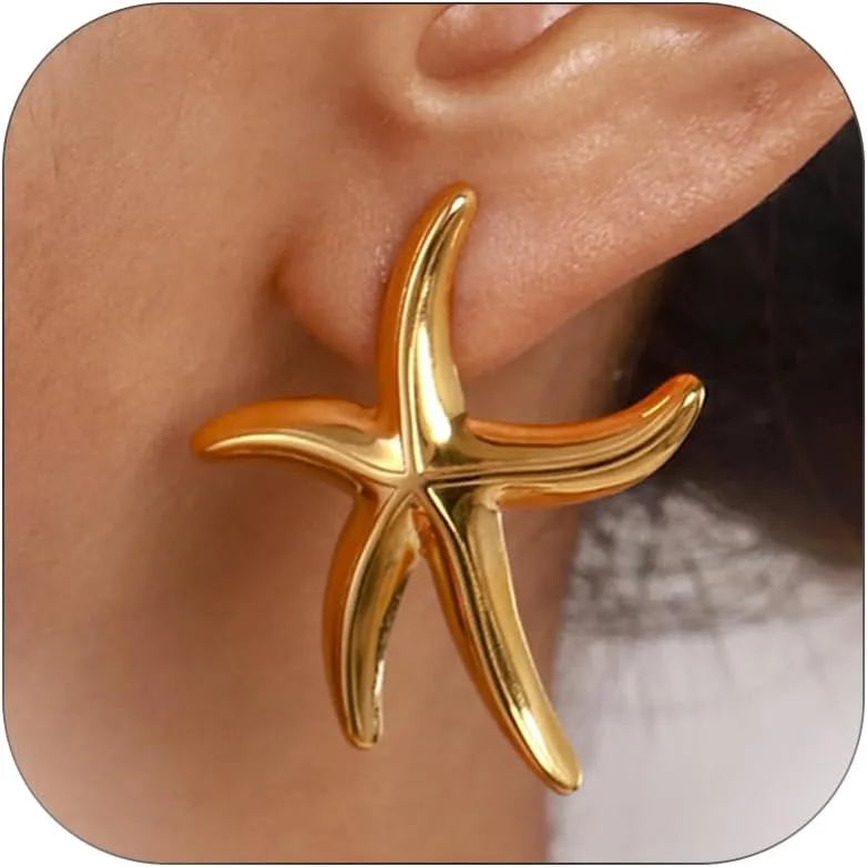 Gold Starfish Earrings for Women Pearl Drop Dangle Big Statement Beach Vocation Outfits Stud Earring Trendy Jewelry Gift