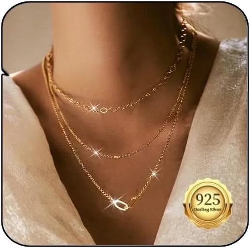 Gold/Silver Necklace for Women,Layered Gold Plated Chain Necklace Set Non Tarnish,Gold Layering Stacked Simple Everyday Waterproof Necklaces Jewelry