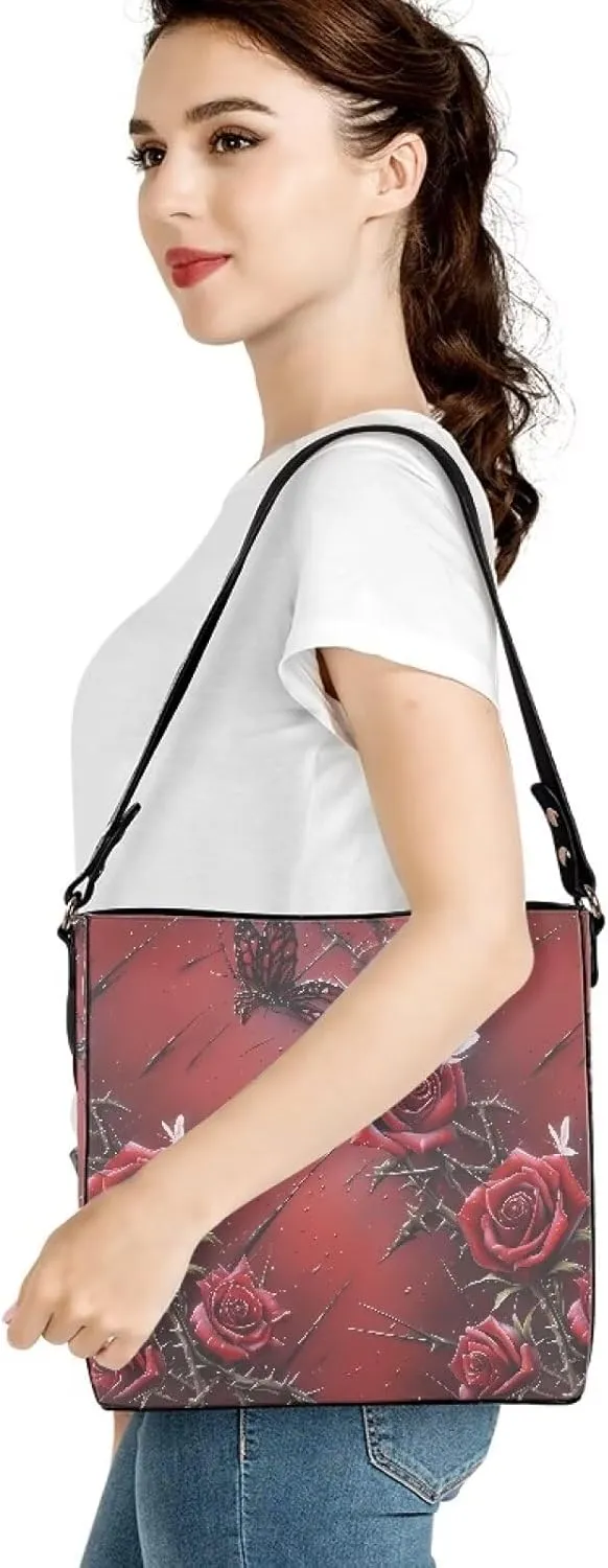 Gothic Style Bucket Bags Purses for Women with Adjustable Strap, PU Leather Tote Handbags Large Top Handle Satchel