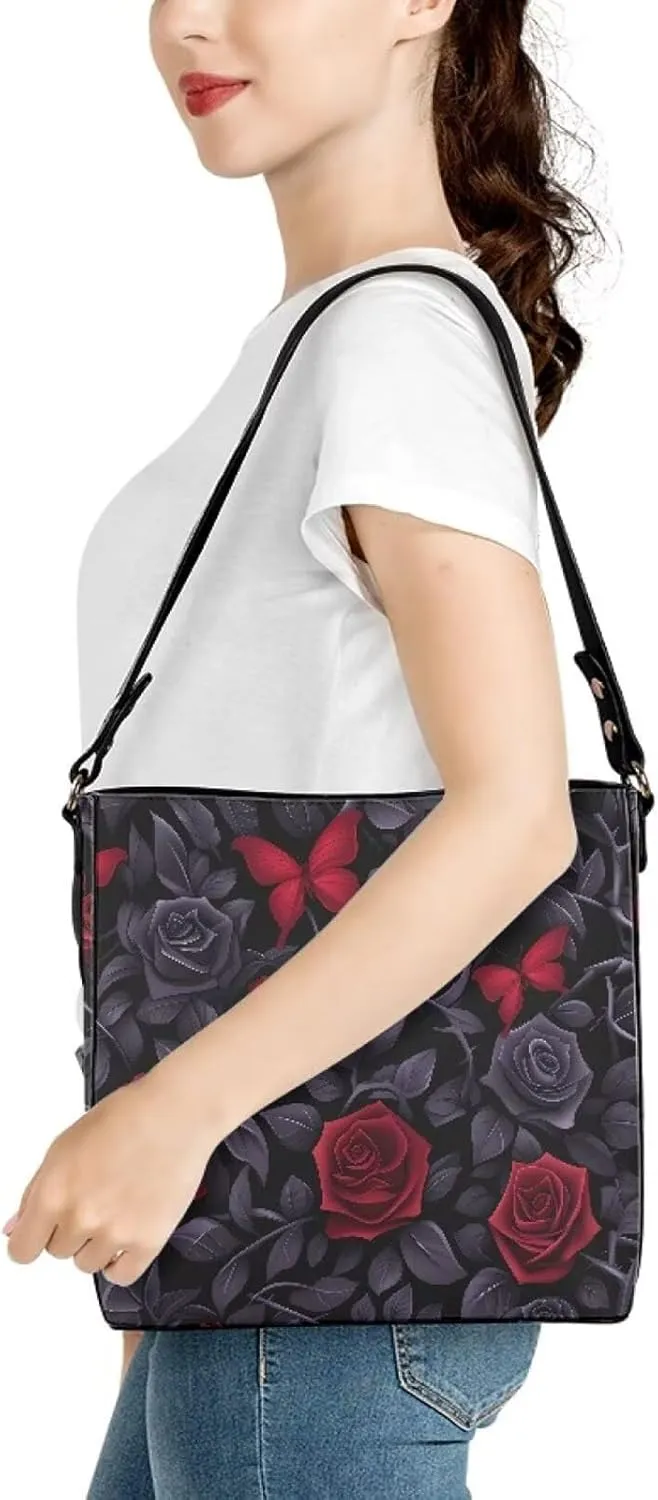 Gothic Style Bucket Bags Purses for Women with Adjustable Strap, PU Leather Tote Handbags Large Top Handle Satchel