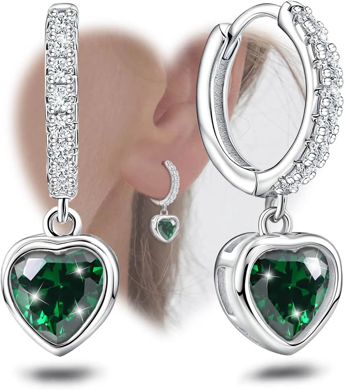 Green Heart Hoop Earrings with Dangle Sterling Silver Love Heart-Shaped Earrings Trendy Hypoallergenic Cubic Zirconia Hoop Earrings with Dangling Charms Dainty Fashion Loop Earrings for Women Gifts