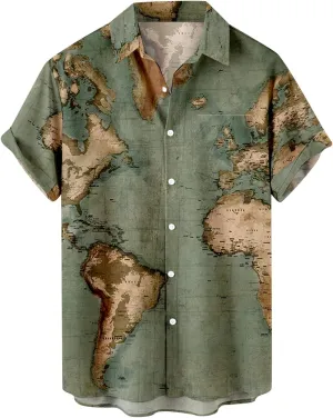 Hawaiian Shirt for Men Funky Casual Button Down Short Sleeve Beach Shirts Fashion World Map Print Summer Tops